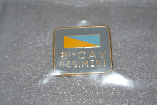 Square gold badge with grey enamel in the middle.  8th Light Horse patch colours of yellow and blue, in the centre with gold writing underneath.