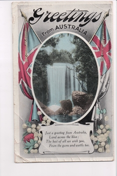 coloured postcard with image of a waterfall with short verse below