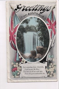 coloured postcard with image of a waterfall with short verse below