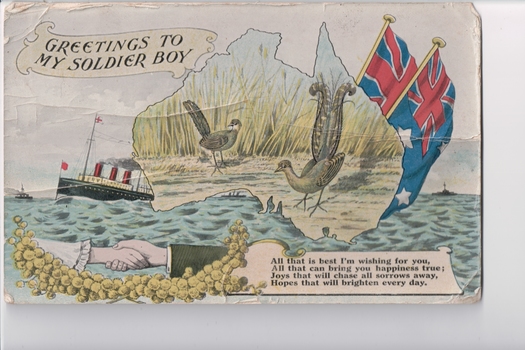 Colour postcard of ship at sea, two flags and two lyrebirds within shape of Australia