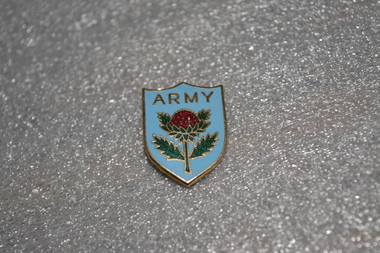 Blue enamel shield shaped badge with red and green thistle in the centre 