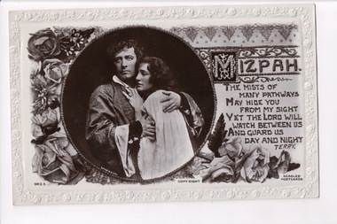 Postcard depicting flowers and poem with male and female embracing contained in a circle.