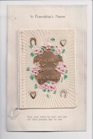 Postcard with attached booklet embossed with flowers, hearts and horseshoes
