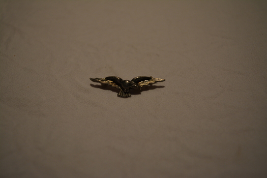 Silver coloured metal brooch depicting soaring eagle with pin at back