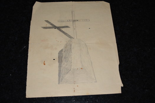 Hand drawn sketch in pencil of grave with cross on cream coloured paper