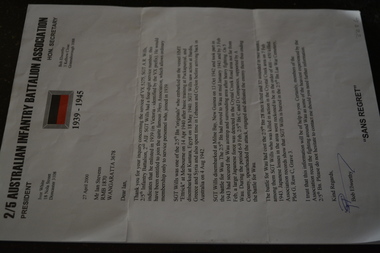 Letter, 2/5 Australian Infantry Battalion Assoc, 2000
