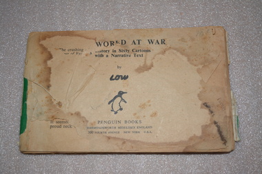Book without cover containing 60 plus cream coloured pages of cartoons 