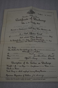 Certificate - Certificate of Discharge, John Brian Murray VX142238, Dated 8 August 1946