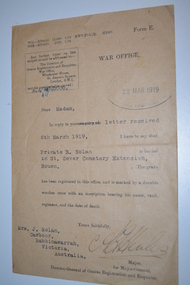 Letter, War Office, c 1919