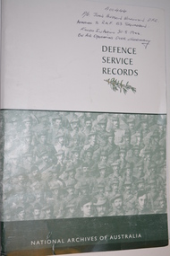 White and green folder depicted with a sprig of rosemary above large group of soldiers.  Handwriting top right corner