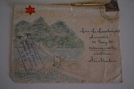 Cream paper envelope with coloured drawing of path leading to three mountains.