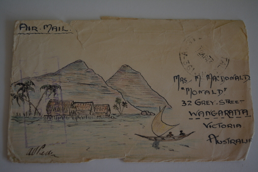 Coloured hand drawn sketch of boat on river with huts and hills in background on stamped addressed envelope