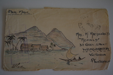 Coloured hand drawn sketch of boat on river with huts and hills in background on stamped addressed envelope