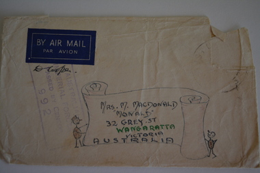 Cream paper envelope with hand drawn scroll with stick figure either side 