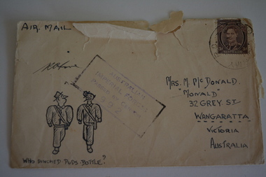 Cream paper envelope with drawing of  two soldiers walking side by side 