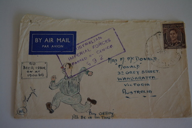 Cream paper envelope with sketch of male figure running toward sign