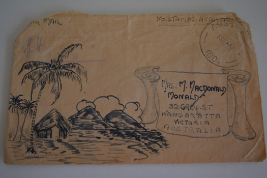 Cream paper envelope with sketch of palm trees, hut, mountains and clouds on left of scroll.