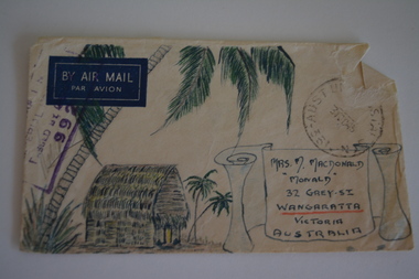 Cream paper envelope with sketch of palm trees and hut on left of scroll.