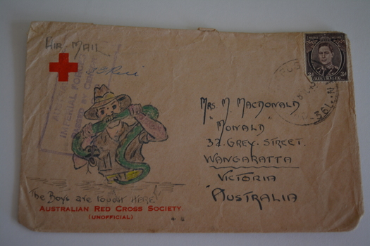 Cream paper envelope with brown coloured sketch of palm tree with stick figure at base.  Signature left of sketch