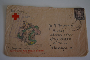 Cream paper envelope with brown coloured sketch of palm tree with stick figure at base.  Signature left of sketch