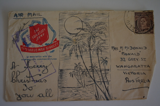 Cream paper envelope with sketch of full moon over water and palm trees - with handwritten message