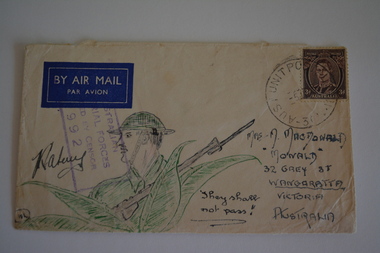 Cream paper envelope with green coloured sketch of soldier holding a rifle behind foliage.