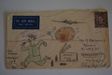 Cream paper envelope with coloured sketch of soldier running away from aircraft dropping bombs.  Box and bottles in foreground.