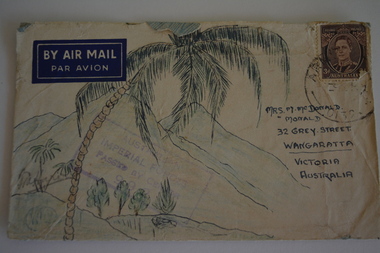 Cream paper envelop with sketch of palm tree and mountain