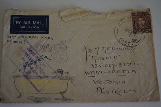 Cream paper envelope with coloured sketch of male in yellow bathtub