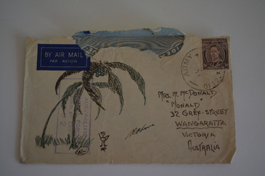 Cream paper envelope with sketch of two palm trees with stick figure below.  Two small stick figures on rear