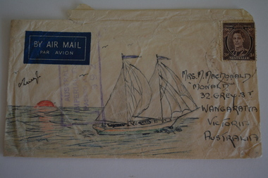 Cream paper envelope with coloured sketch of yacht sailing at sunset.
