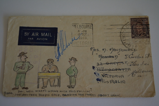 Cream paper envelope with coloured sketch of yacht sailing at sunset.