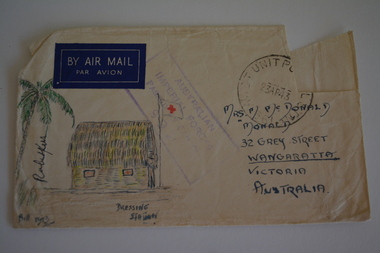 Cream paper envelope with coloured sketch of flag pole with two flags next to thatched hut and ambulance