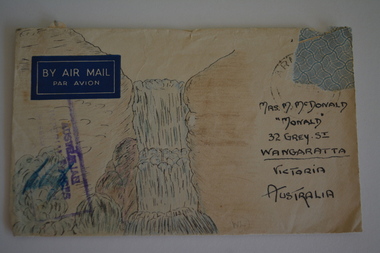 Cream paper envelope with colour sketch of waterfall and mountain 