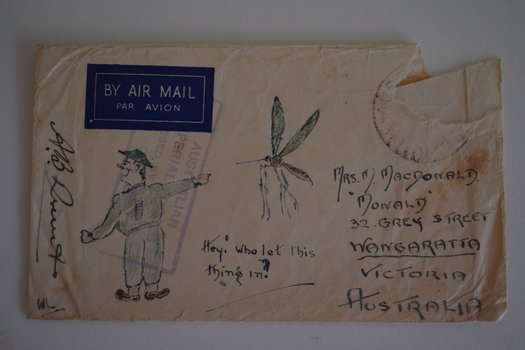 Cream paper envelope with coloured sketch of a soldier pointing to a mosquito