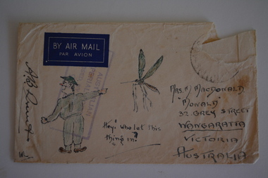 Cream paper envelope with coloured sketch of a soldier pointing to a mosquito
