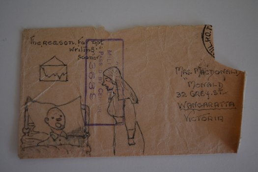 Cream paper envelope with sketch of a soldier in bed and a nurse