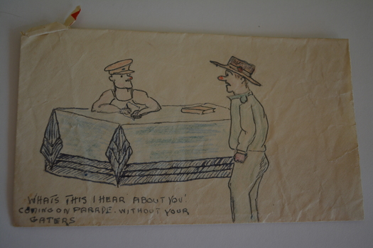 Cream paper envelope with sketch of a soldier standing in front of desk with officier seated behind