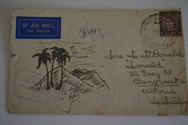 Cream paper envelope with sketch of three tall palm trees in front of mountains