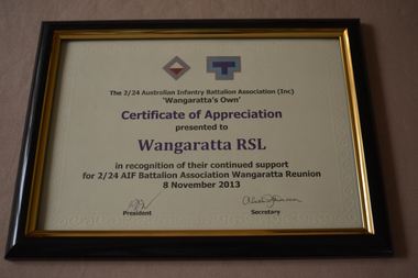 Certificate of Appreciation, 2/24 Australian Infantry Battalion Association, 2013