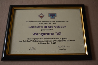 Certificate - Certificate of Appreciation, 2/24 Australian Infantry Battalion Association, 2013