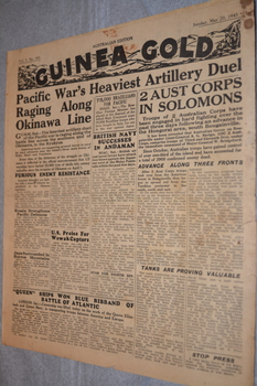 Two page cream coloured newspaper with black print.