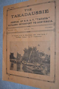 Beige and black booklet with photograph of three primitive barges surrounded by ornate border