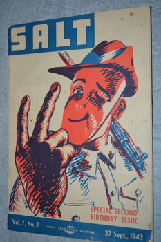 Small red and blue journal with sketch of a soldier in a slouch hat holding two fingers up.
