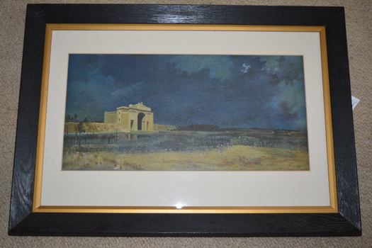 Dark wooden frame with gold gilt inner edge containing cream mount over a dark blue print with large cream coloured arched monument in distance.