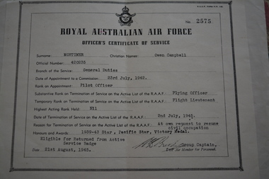 RAAF Certificate of Service, 21/8/1945