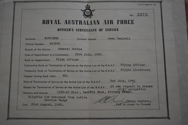 Certificate - RAAF Certificate of Service, 21/8/1945
