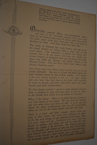 Printed Sheet, Address to AIF by General Sir Harold Alexander, 1942