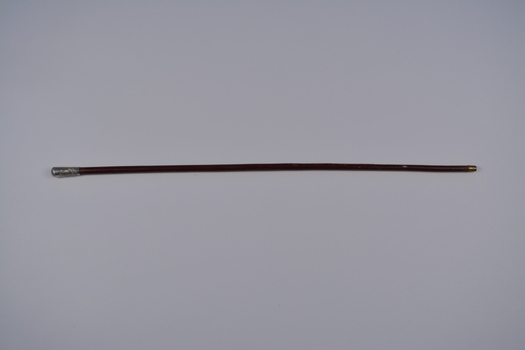 Long narrow round cane made from polished reddish/brown wood with brass metal tip and embossed silver top