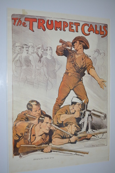 A soldier sounds his bugle for assistance on the front line while civilians listen in the background.